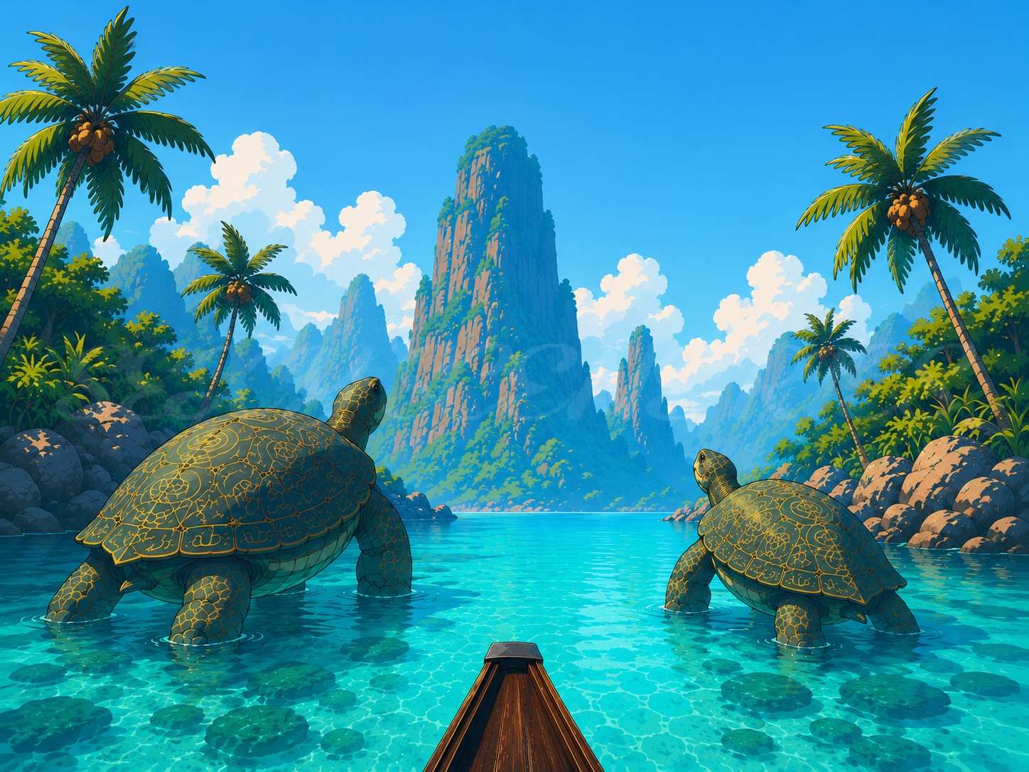 Two giant patterned tortoises walking through a turquoise tropical lagoon with palm trees and towering jungle mountains