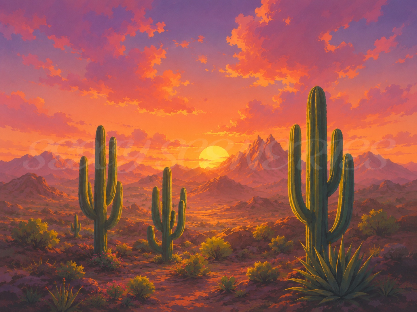Desert landscape at sunset with three saguaro cacti and a vibrant pink and orange sky