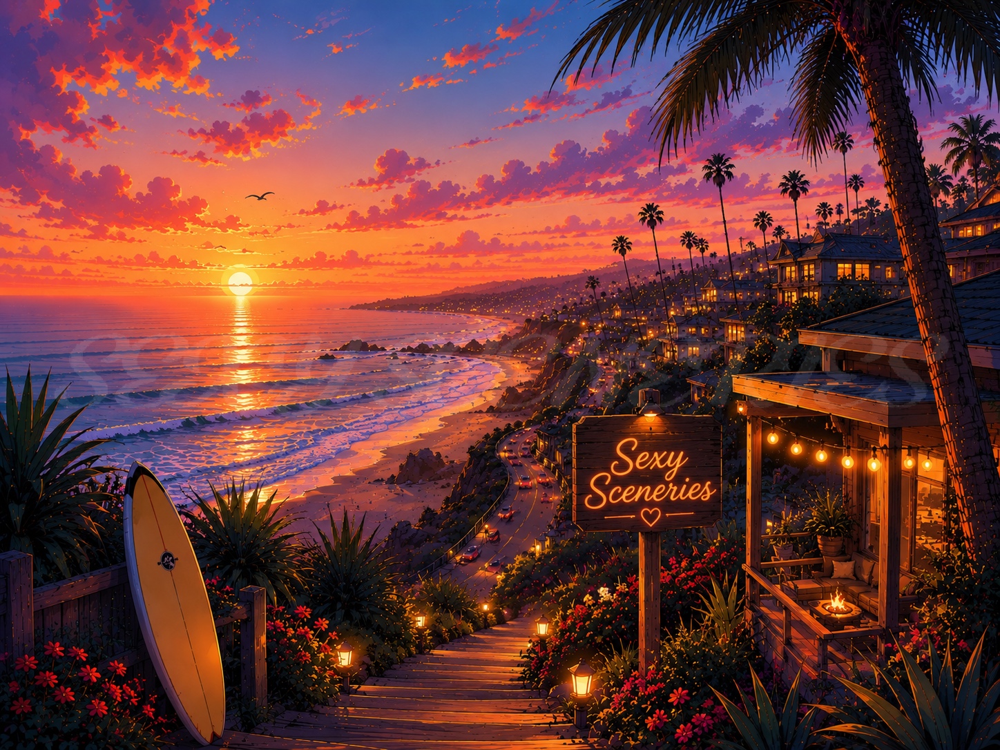 Illustrated California beach sunset with palm trees, surfboard, glowing cliffside homes, ocean waves and a Sexy Sceneries sign.