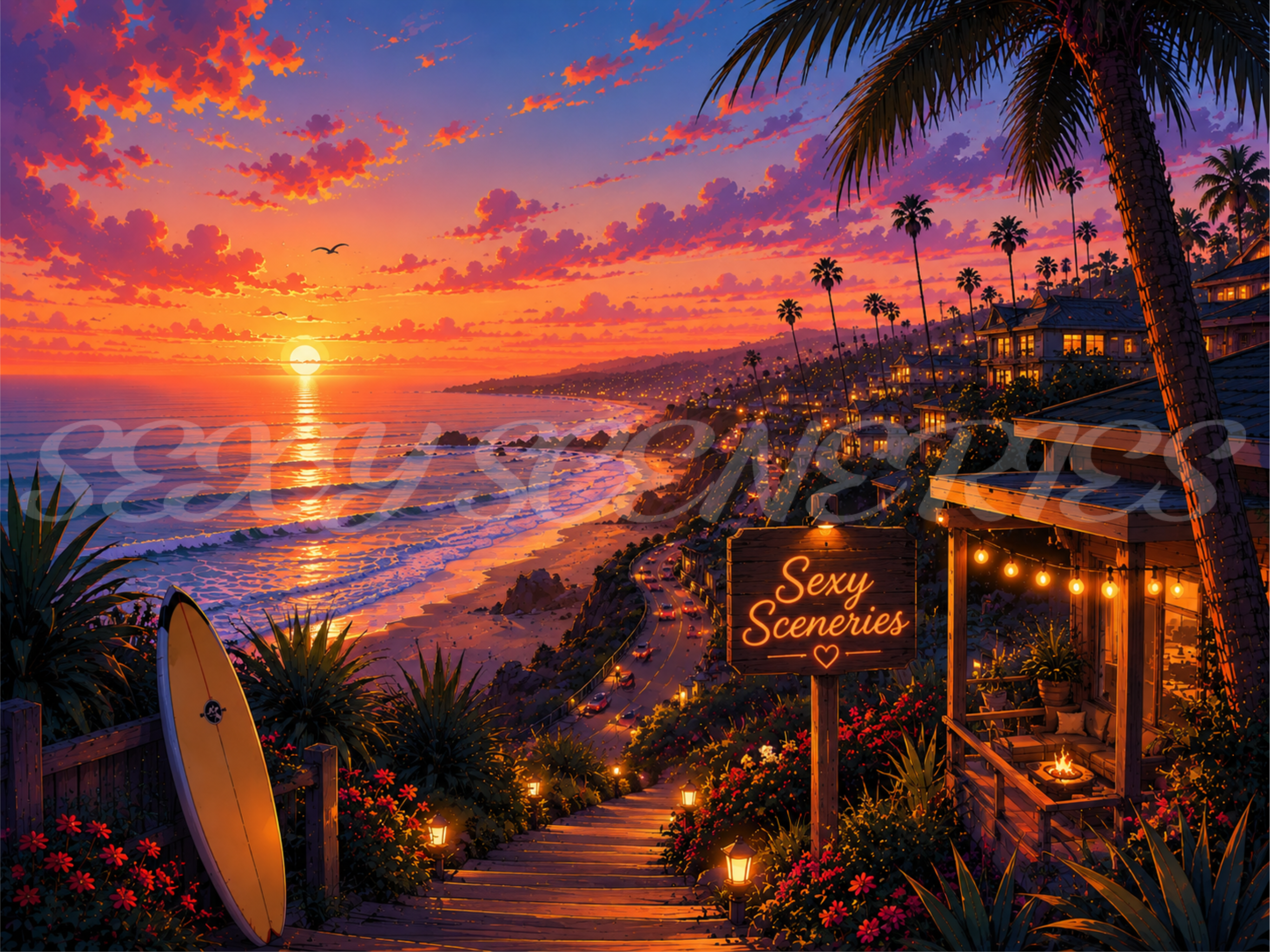 Illustrated California beach sunset with palm trees, surfboard, glowing cliffside homes, ocean waves and a Sexy Sceneries sign.