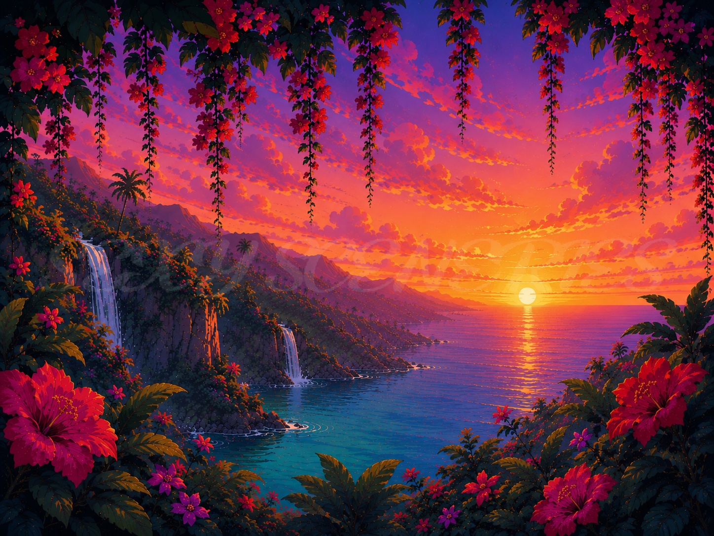 Illustrated tropical floral landscape with hibiscus flowers, hanging vines, waterfalls, turquoise water and a vivid pink and orange sunset