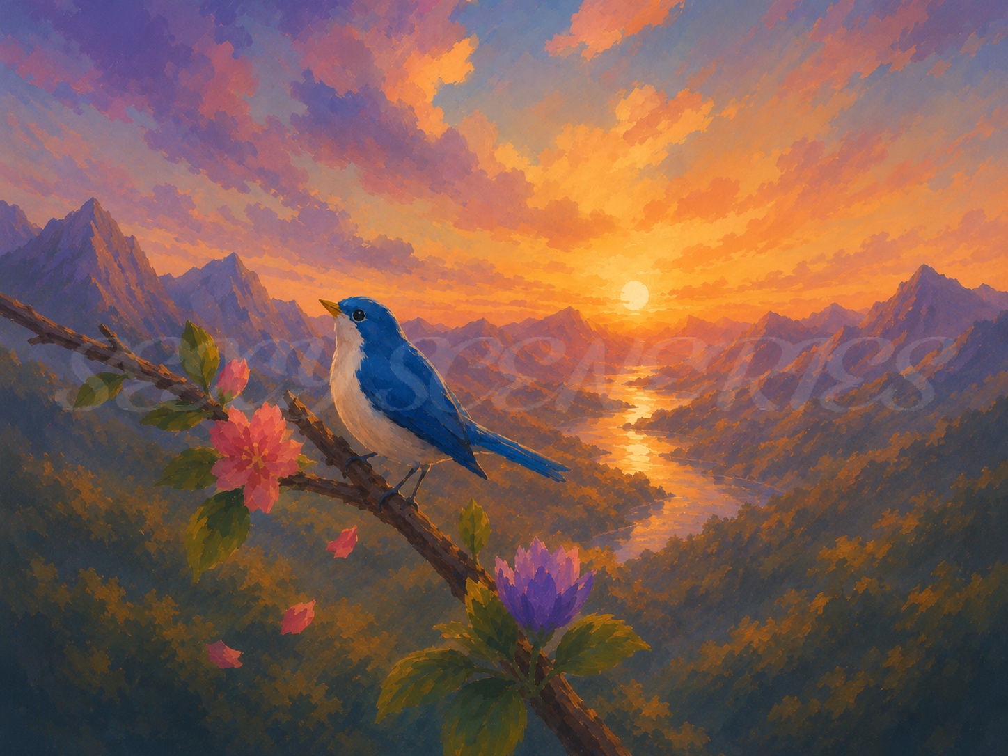 A blue bird perched on a branch with pink and purple flowers against a sunset backdrop