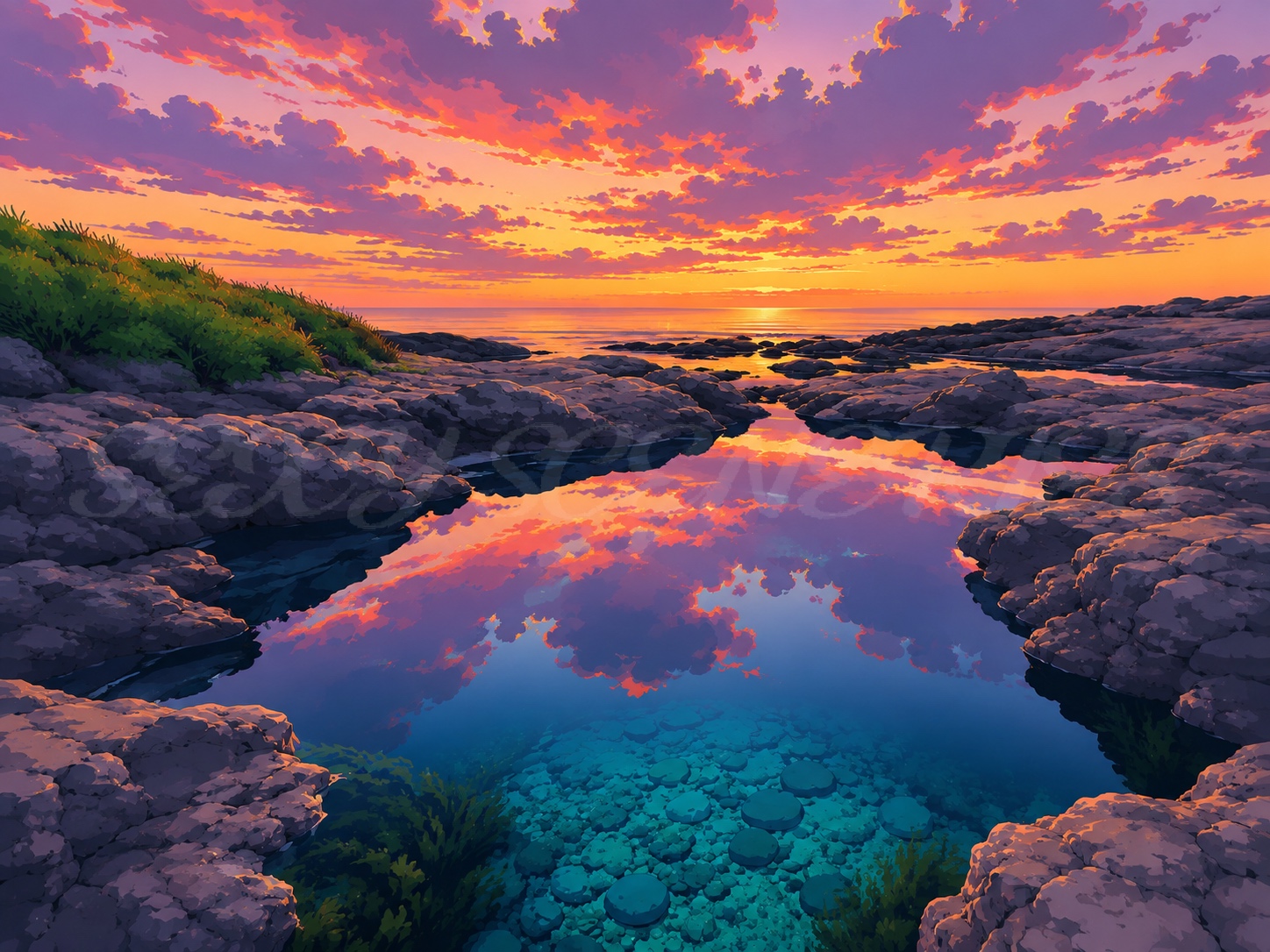 Colorful orange, pink and purple sunset reflected in a clear blue tidal pool surrounded by rocky ocean coastline