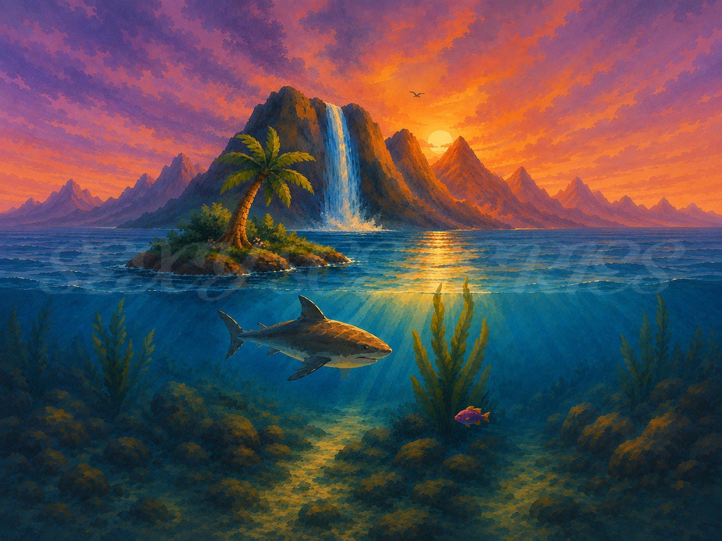 Stylized illustration of a shark and palm tree in a tropical underwater scene