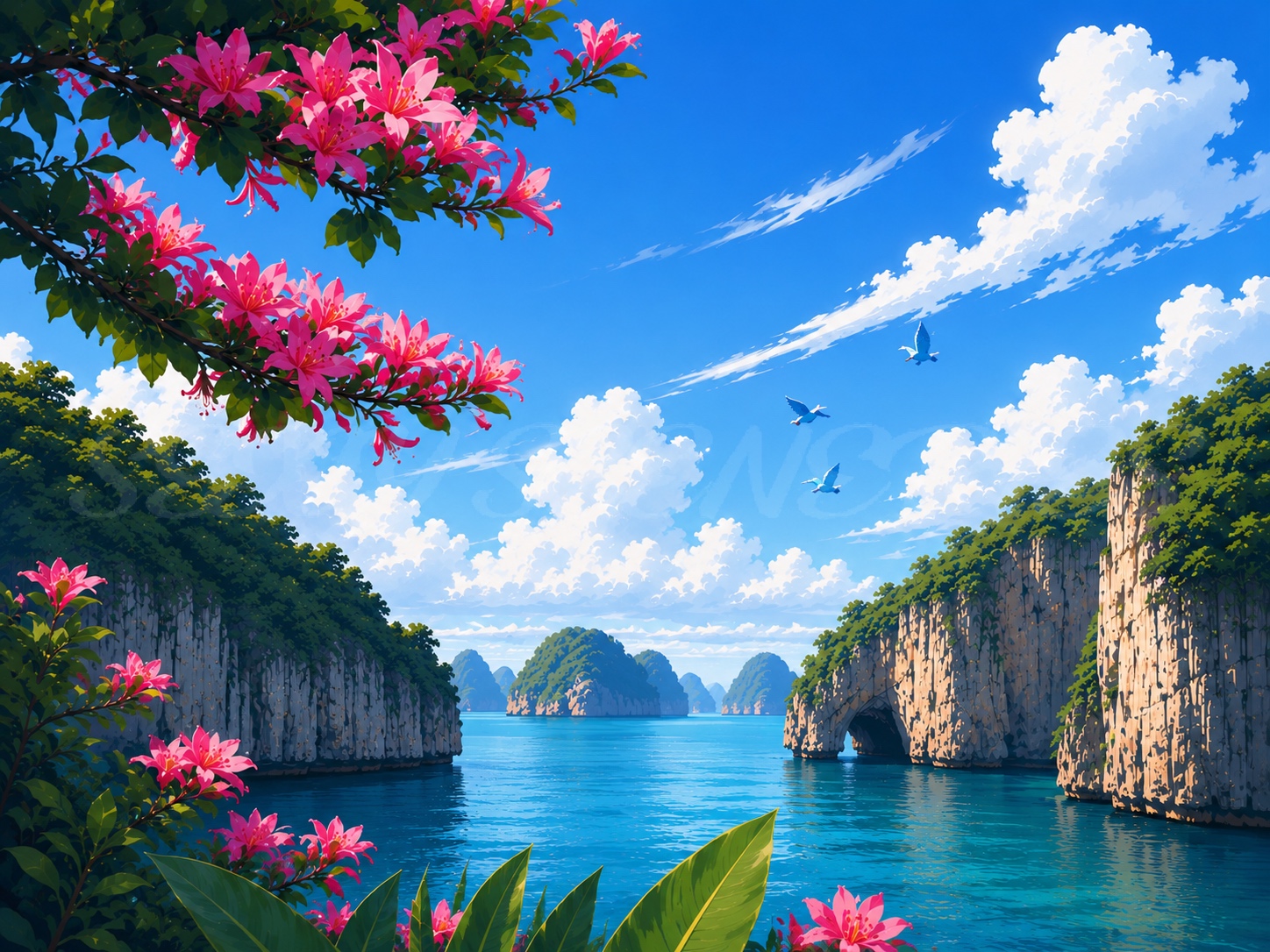 Tropical scene with pink flowers, turquoise water, and blue birds
