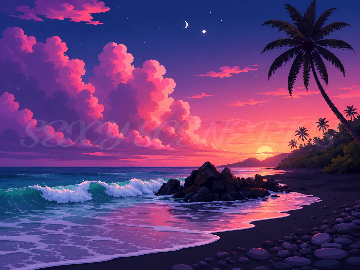 Tropical beach scene at sunset with a palm tree and rocky outcrop