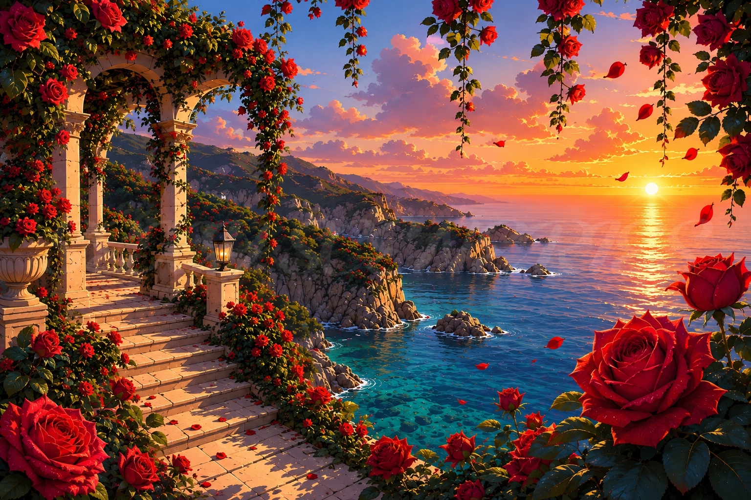 Illustrated rose-covered coastal terrace with red roses, stone arches, turquoise ocean water and a glowing orange sunset