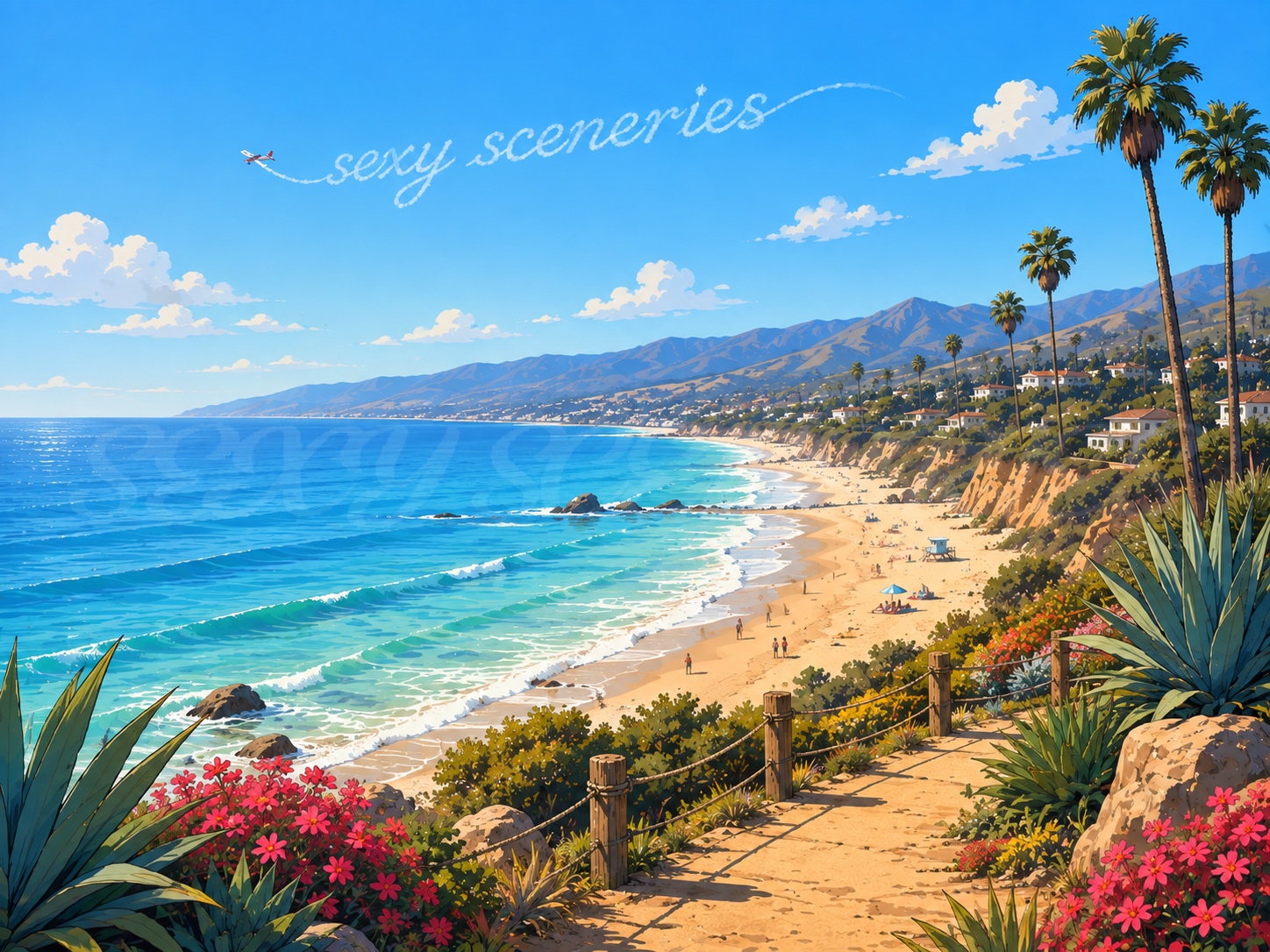 2D illustrated Malibu coastline with turquoise ocean, sandy beach, mountains, palm trees, coastal flowers and a skywriter spelling Sexy Sceneries