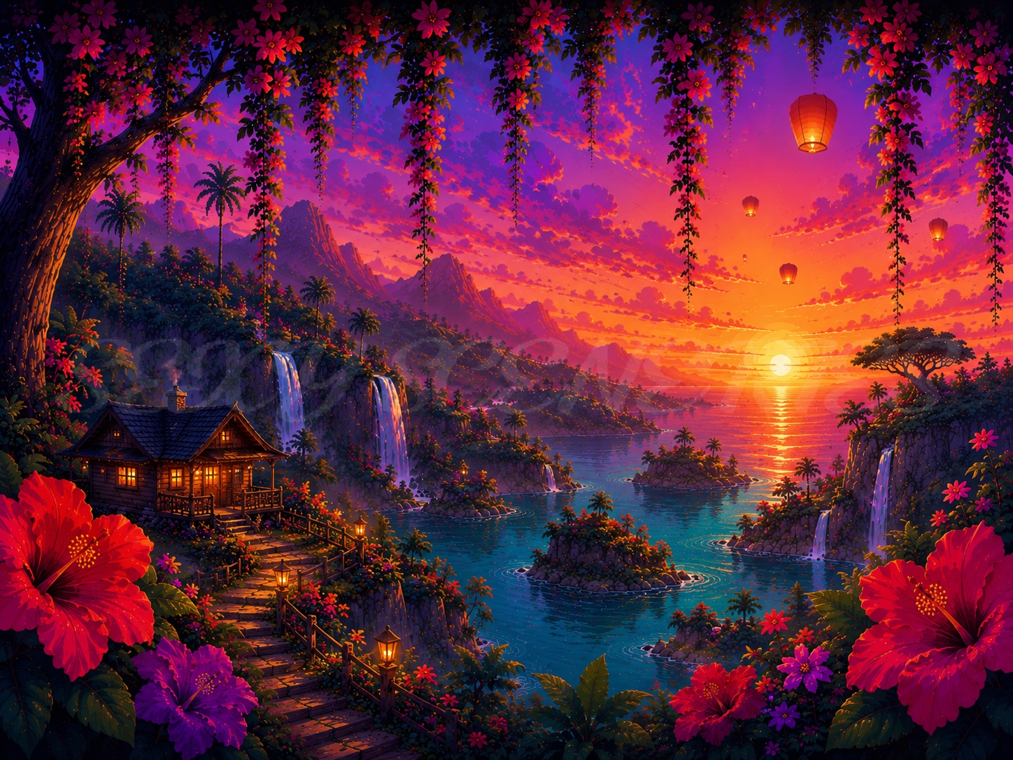 Illustrated tropical fantasy realm with hibiscus flowers, waterfalls, turquoise water, glowing cabin and floating sky lanterns at sunset