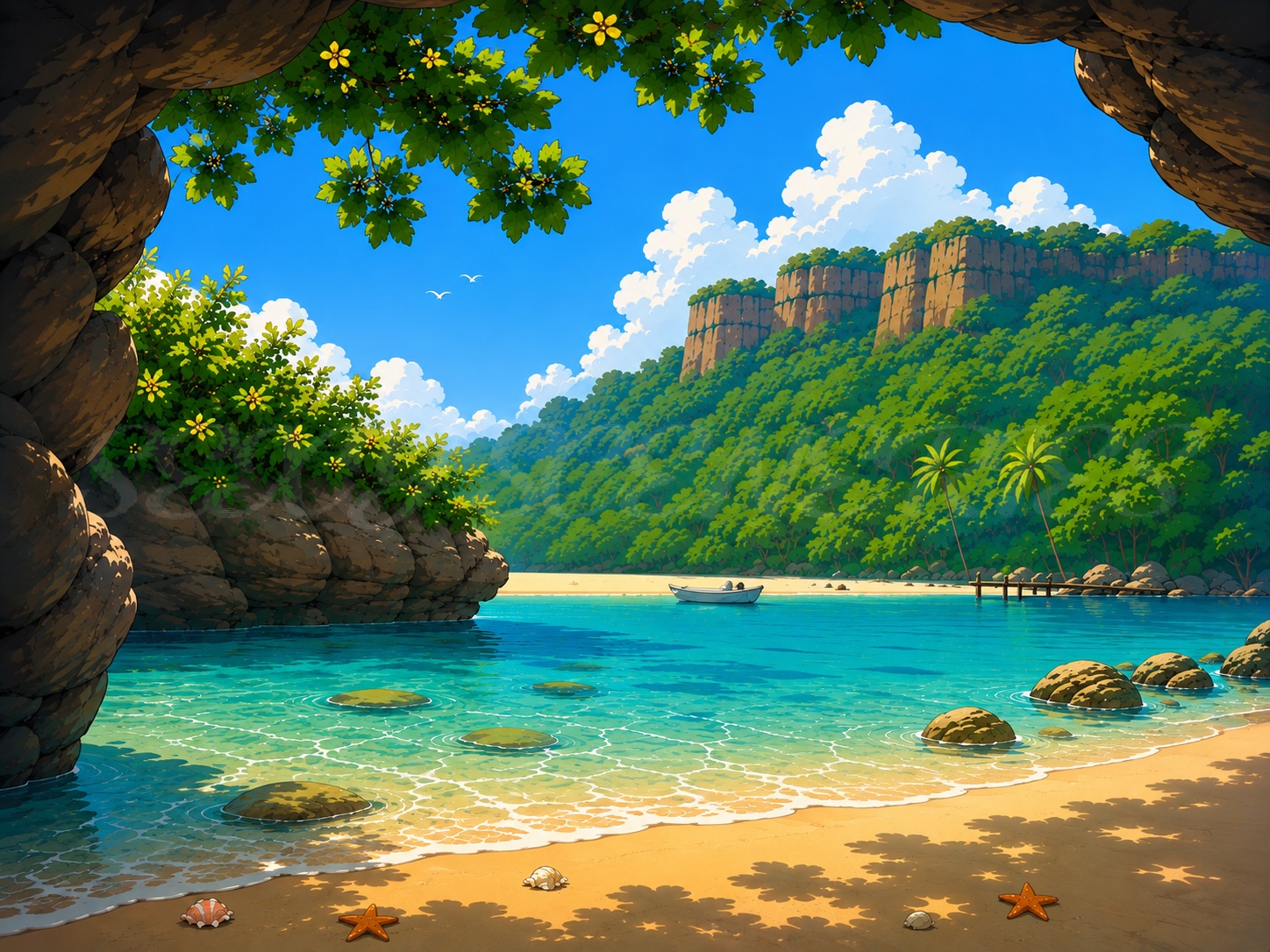 Tropical beach scene with palm trees, boat, and clear blue sky